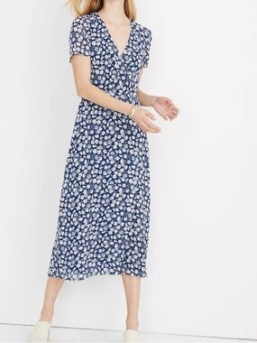 Madewell Navy Floral Wrap Dress with White & Peach Daisies